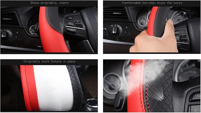 D Shape Car Steering Wheel Cover, Universal 15 inch Stitching Color Anti-Slip Steering Wheel Protector, Black and Red Sports 