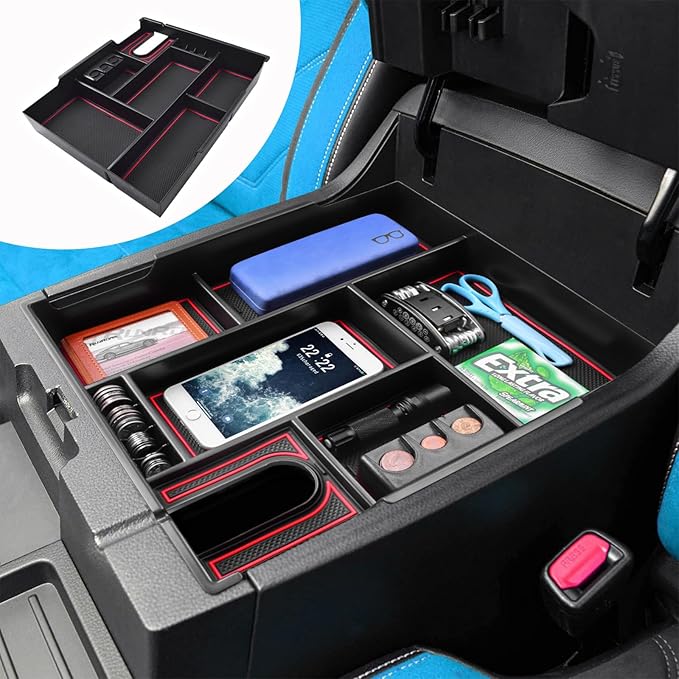 RUNROAD Center Console Organizer Full Cover Tray Compatible with Toyota Tundra 2014-2020 2021 Accessories, ABS Coin Holder Secondary Storage Box Insert Armrest Console Tray, Red