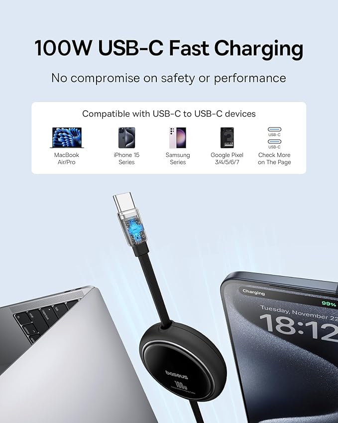 Baseus USB C to USB C Cable, 100W Retractable USB C 5A Fast Charging Cable, 4-Stage Length Preset USB Type C Charger Cord for