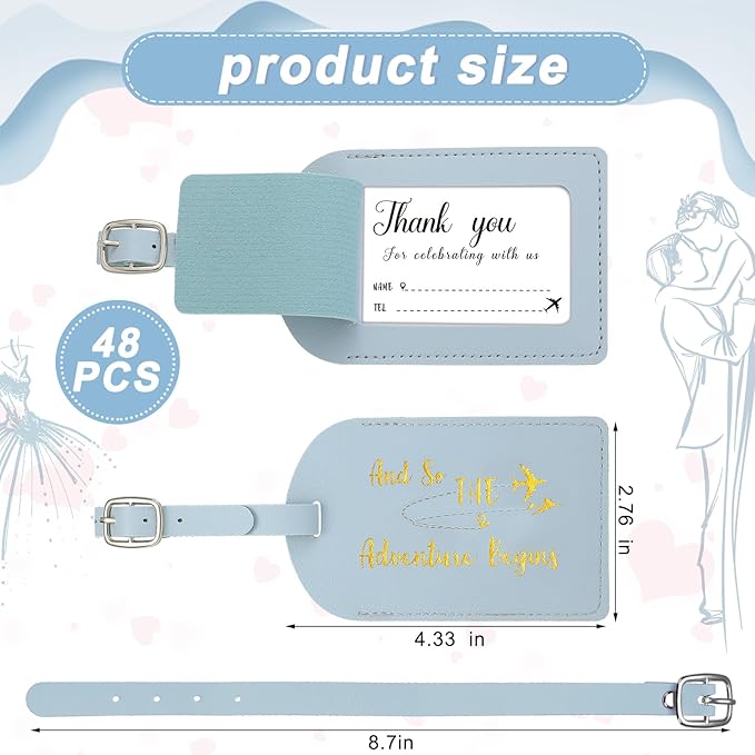 Sweetude 48 Sets Leather Luggage Tag Bulk and So The Adventure Begins Luggage Tags with Name Card for Wedding Bridal Shower B