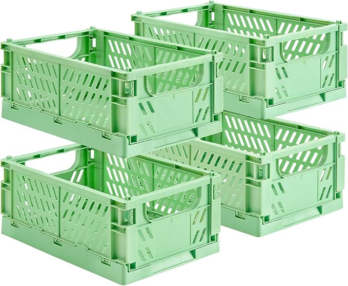 HUUSMOT 4-Pack Small Pastel Plastic Storage Baskets, Collapsible Crates for Organizing, Space-Saving Mini Bins for Classroom,