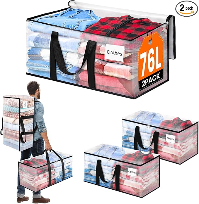 BlissTotes 2-Pack Large Moving Bags with Backpack Straps & Strong Zippers, Heavy-Duty Storage Bags Moving Boxes for Space Sav