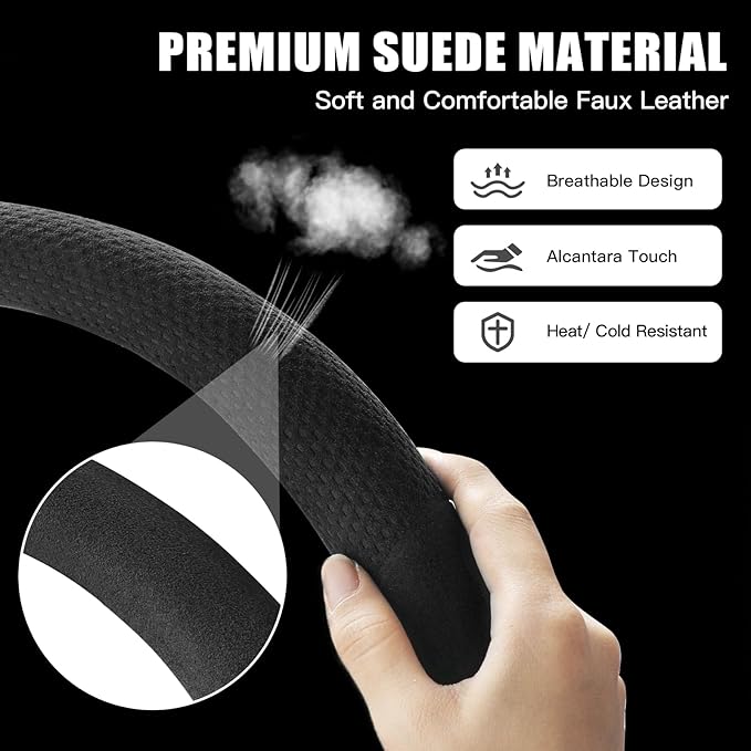 Suede Steering Wheel Cover with Upgraded Silicone Inner Ring, Breathable, Anti-Slip, Leather Universal 14.5 to 15 Inch Steeri