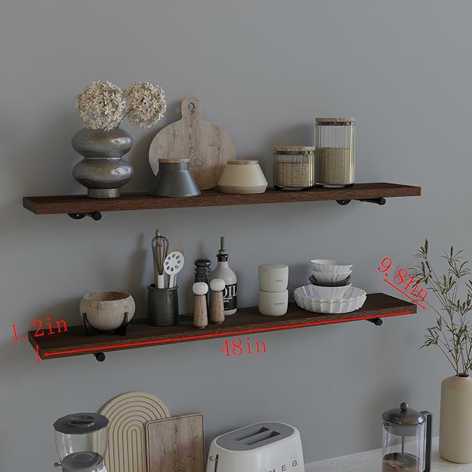 Industrial Pipe Wall Wood Shelves,Real Wooden Shelves 48" in Walnut Color with 1.2" Extra Thickness, Modern Floating Shevles