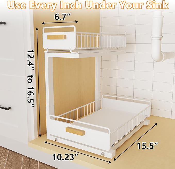 2 Pack Under Sink Organizer with Ball Bearing Sliding Drawer, Heavy Duty Pull Out Cabinet Organizer, 2 Tier Adjustable Storag