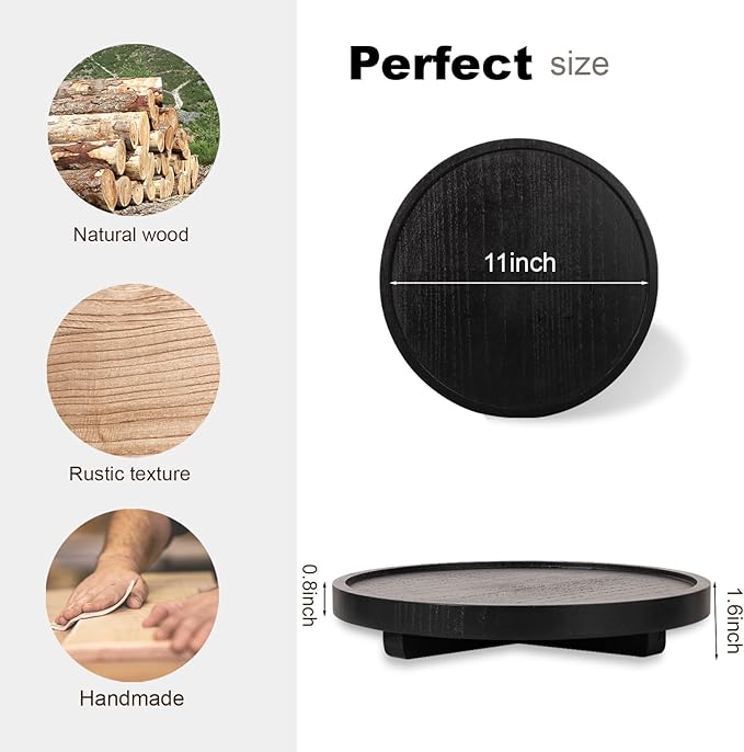 Round Decorative Tray Wood Bathroom Counter Organizer Farmhouse Kitchen Decor Wooden Riser for Soap Dish, Perfume, Candle, Sp