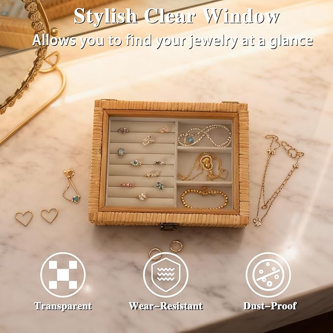 Jewelry Box for Women, Boho Rattan Jewelry Organizer Box for Storage Earrings Rings Necklace Bracelet, Farmhouse Jewelry Boxe