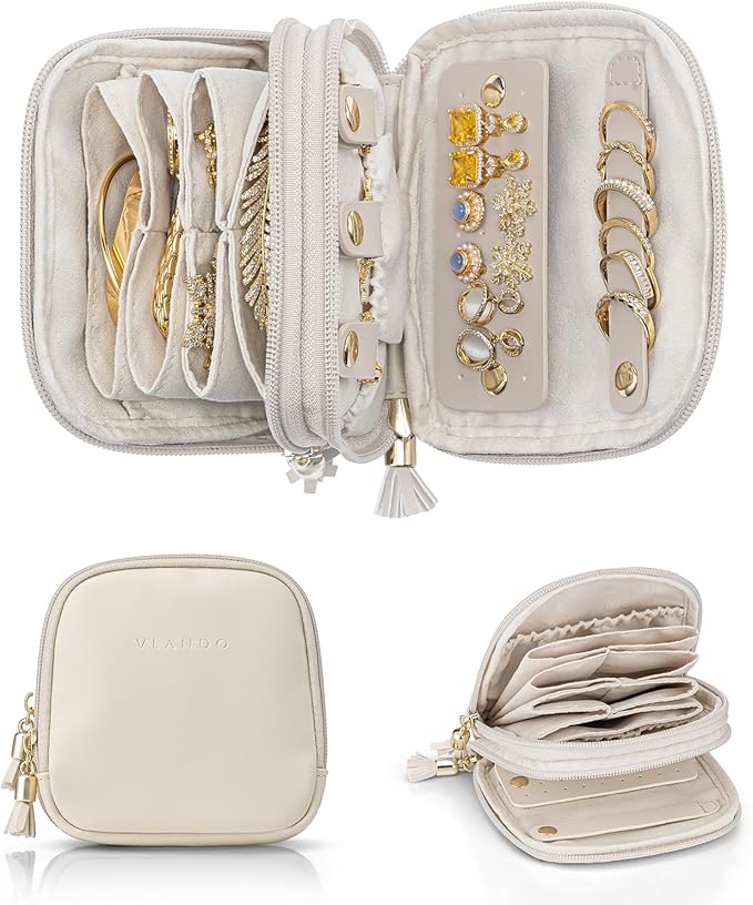 VLANDO Travel Jewelry Case,2-Layer Jewelry Organizer for Travel,Mothers Day Mom Gifts,Multi-Compartment Jewelry Storage for R