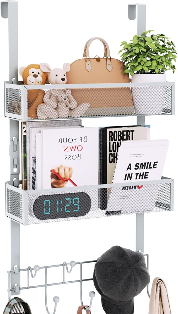 Consumest Over The Door Hooks Organizer - Extra Long Door Hanger with 9 Coat Hooks & 2 Mesh Basket, Back Storage Organizer Ha