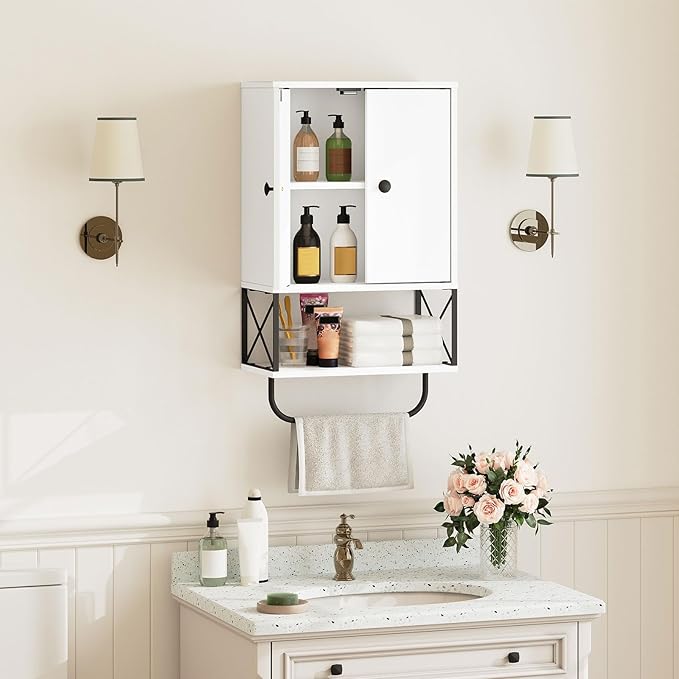 MAHANCRIS Bathroom Wall Cabinet with 2 Door and Adjustable Shelf, Farmhouse Medicine Cabinet with Towel Rack, 3-Tier Wall Mou