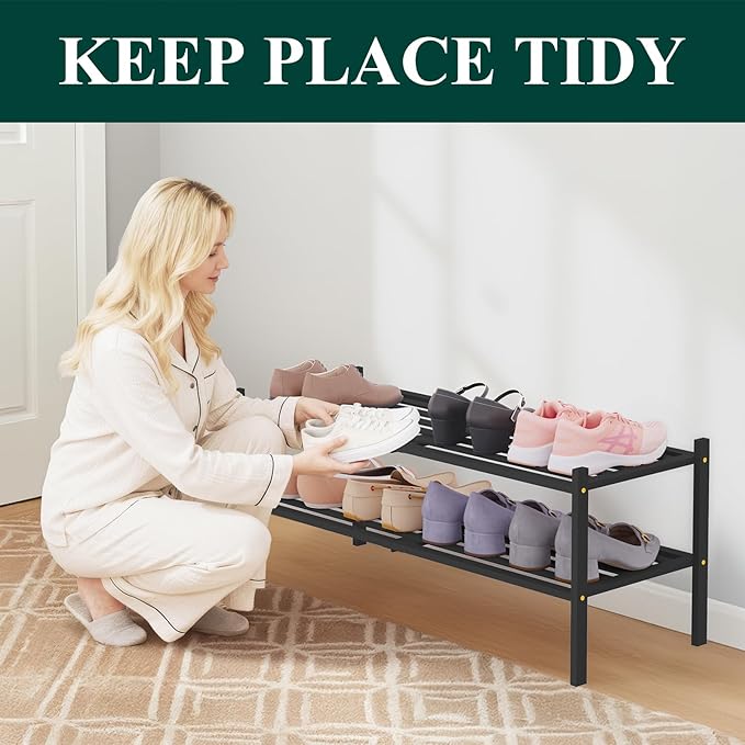 Smiry Long Bamboo Shoe Rack 2-Tier, Stackable Wooden Shoe Organizer for Entryway & Closet, Free Standing Wood Shoe Storage Sh