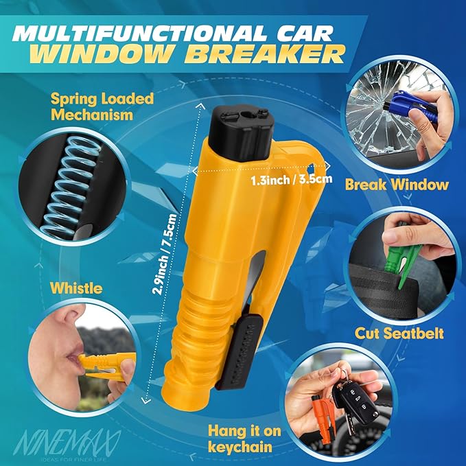 NINEMAX Car Window Breaker Seatbelt Cutter, Pack of 8 Glass Breaker Keychain, 3 In 1 Car Escape Tool Safety Emergency Hammer 