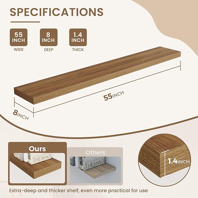 Dreamland 55 Inches Floating Shelves for Wall, 8" Deep Long Floating Shelves Set of 1, Large Display & Storage Shelf, Wall Sh