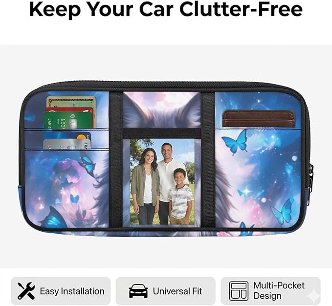 Wolf Print Sun Visor Storage Bag with Zipper Pockets,Multi-Pocket Auto Visor Storage Bag Adjustable Straps Auto Interior Accessories Pocket Organizer