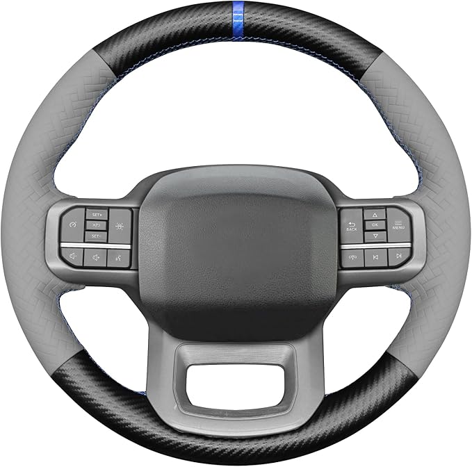 MEWANT Matte PU Carbon Fiber Grey Embossed Faux Leather Steering Wheel Wrap for Ford F150 Lightning F350 2024 Expedition
