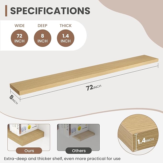 72 Inch Floating Shelves, 8 Inch Deep Floating Shelves for Wall, Hanging Shelf with Invisible Brackets, Deep Shelves for Bath