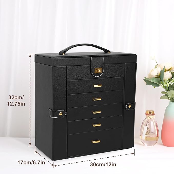 Kendal Extra Large Jewelry Box Jewelry Case PU Leather 6 Tier 5 Drawers Large Storage Capacity with Mirror Jewelry Storage Or