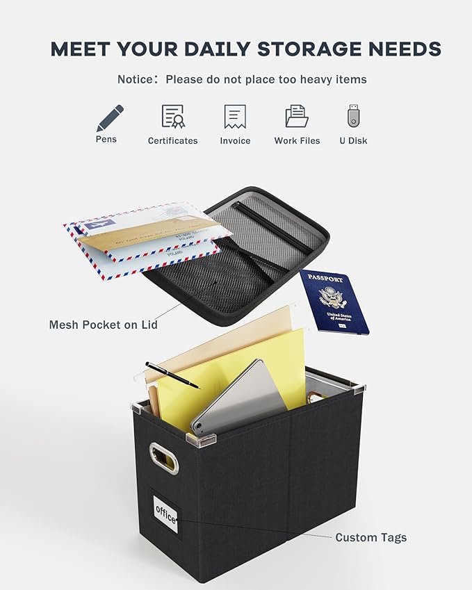Oterri File Organizer Box with Lid, Hanging Filing File Box with Mesh Pocket, Document Organizer Box for Letter Files, Portab
