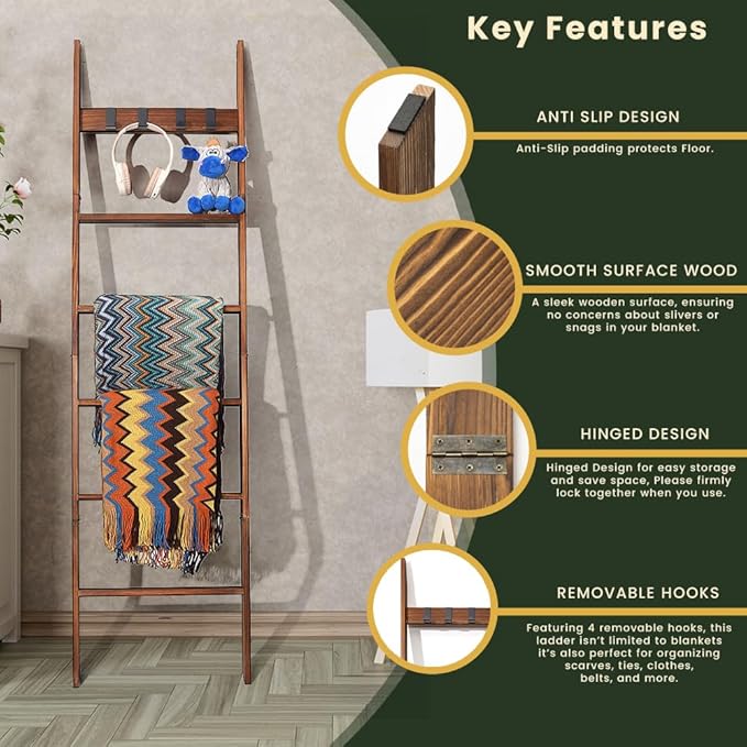 Decorative Wooden Blanket Ladder with Removable Hooks for The Living Room & Bedroom, Pine Wood, Easy Assembly 6-Tier Wall Lea