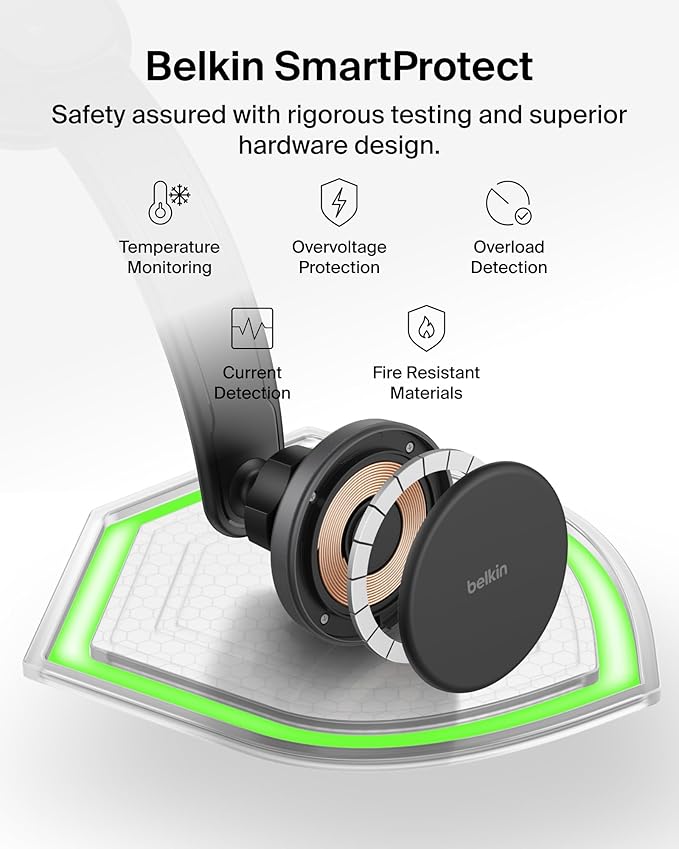 Belkin Wireless Car Charger, MagSafe Phone Holder & Car Dash Mount w/ 1M USB C Cable, Qi2 MagSafe Compatible Fast Charging iPhone Charger for iPhone 17, Galaxy S25, Pixel 10, Road Travelers, Black