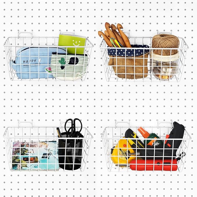 G.CORE 4 Pack Pegboard Baskets, Metal Shelves Hooks to 1/8" 1/4" Peg Boards, Peg Board Baskets Bins Set - Organize Tools Work