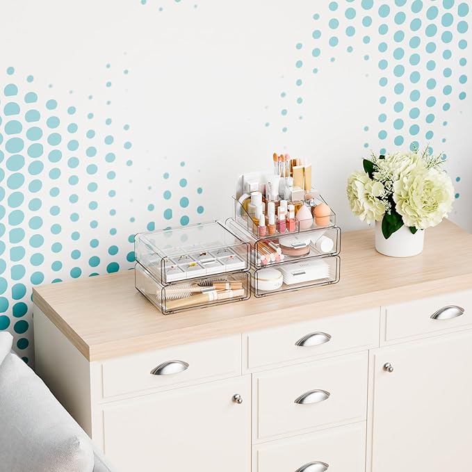Yieach 5 Tier Clear Acrylic Makeup Organizers with Drawers,Tiered Countertop Make up Storage Organizer for Dresser Top and Ba