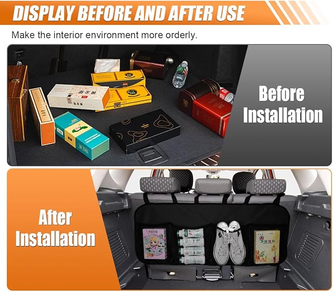 Car Trunk Organizer, Large Capacity Backseat Hanging Storage Bag with 4 Pockets, Waterproof Foldable Car Interior