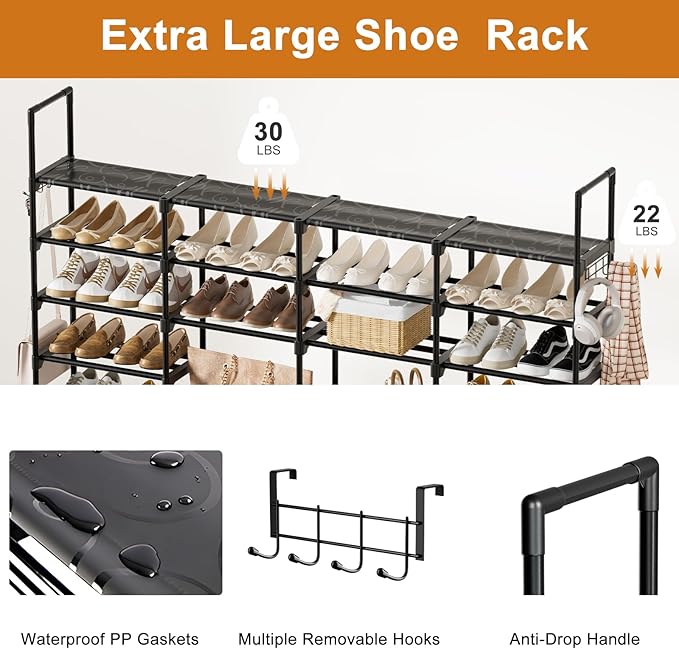 WOWLIVE 4 Row 9 Tiers Extra Large Shoe Rack 68-72 Pairs Big Tall Metal Shoe Shelf, Heavy Duty Organizer for Closet Entryway, 
