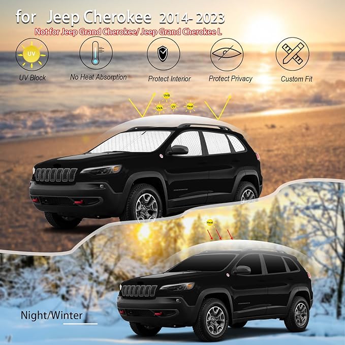KMF 8pcs Thicken Sun Shades for Jeep Cherokee SUV Accessories 2014-2023(NOT Grand Cherokee),Full Car Window Covers for Windshield Side Rear, UV Block and Privacy Blackout for Camping