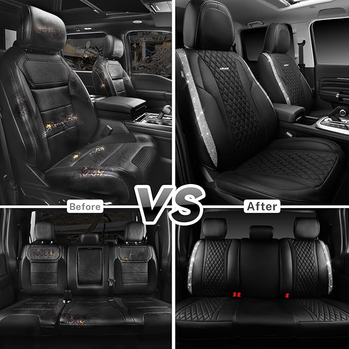 CAR PASS Bling Leather Car Seat Covers & Black Nappa Leather Calfskin Seat Cushioned Protector, Waterproof Anti-Slip Universa