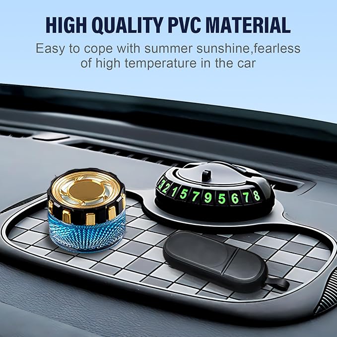 Multifunction Car Anti-Slip Mat,360° Rotatable Phone Holder Dashboard Pad with Hidden Parking Number Plate PVC Grid Style Mat