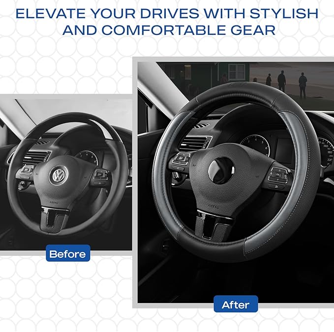 Skechers Steering Wheel Cover Memory Foam,Luxury Leather Steering Wheel Covers,Universal Anti-Slip Fit 14" 1/2-15" Car Wheel 