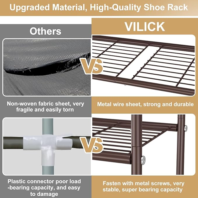 VILICK 3 Tier Shoe Rack 33" Wide Metal Shoe Organizer Long Shoe Storage with 4 Side Hooks Sturdy Shoes Shelf for Front Door E