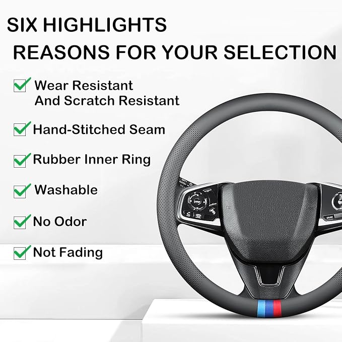 Tricolor Stripes Car Steering Wheel Cover,14.5-15 Inch Universal Nappa Leather 3D Mesh Covers Breathable Anti-Slip Odorless S