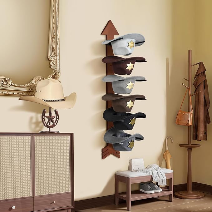 Cowboy Hat Holder for Wall 6 Pieces Arrow Solid Wood with Metal Western Hat Rack Wall Decor Hat Organizer Hanger Storage for 