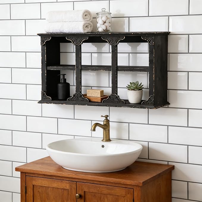 SOFE Distressed Black Floating Shelf with Carved Accents, 3-Tier Wall Shelving Unit, 24 Inch Long Farmhouse Decorative Wooden