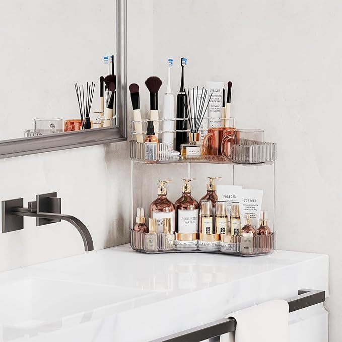 Asayuee 2-Tier Corner Bathroom Counter Organizer with Top Toothbrush Holders,Large Makeup Organizer Countertop with Brush Hol