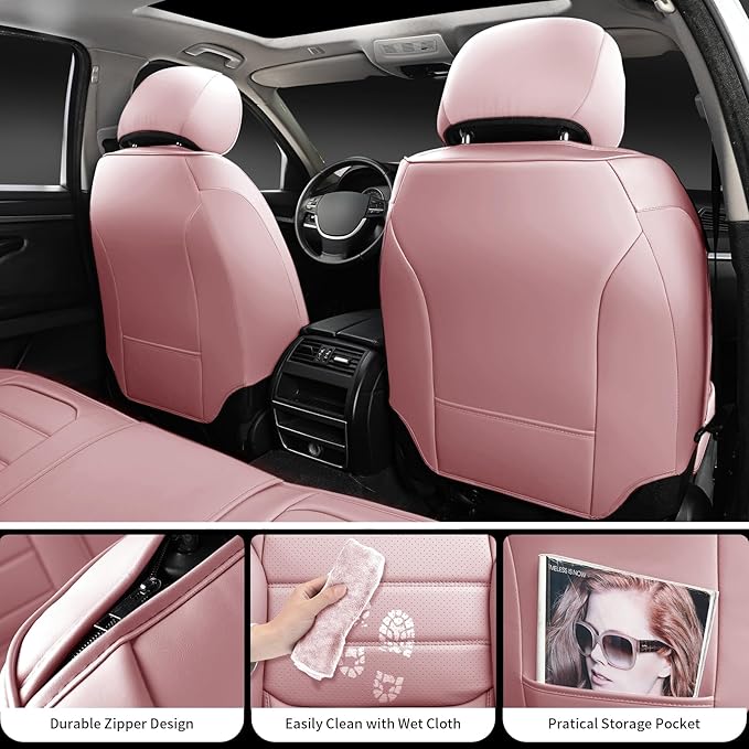 Pink Car Seat Covers Full Set, Universal Faux Leather Seat Covers for Cars 5 Seats, Waterproof Leather Car Seat Covers, Comfo