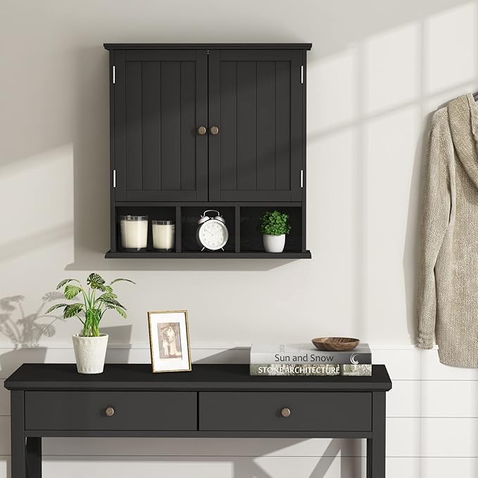 ChooChoo Bathroom Cabinet Wall Mounted 2-Door with 3 Open Shelves， Wooden Medicine Cabinets with Adjustable Shelf，Space Saver