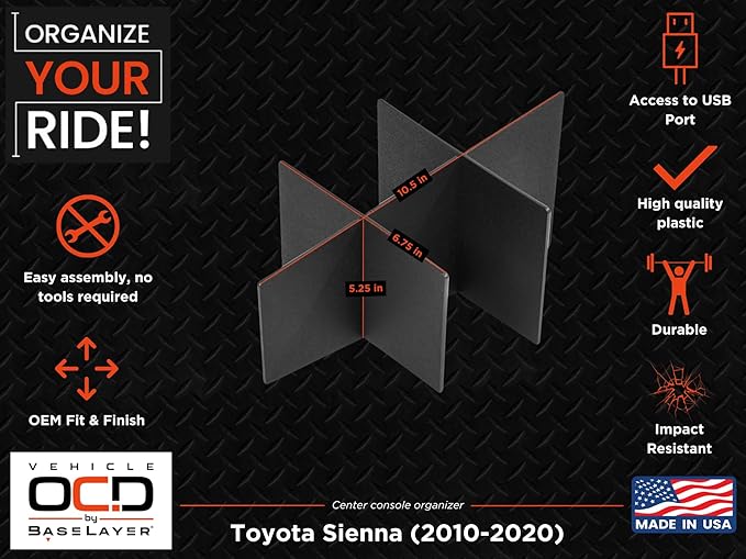Vehicle OCD - Center Console Organizer for Toyota Sienna (2010-2020) - Made in USA - SLX148