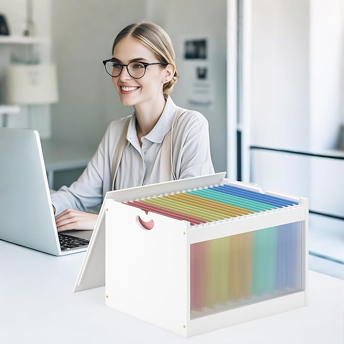 Hanging File Box Organizer for Letter Size, Bamboo Acrylic File Folder Storage with Lid Clear Moving Boxes Wooden with Handle