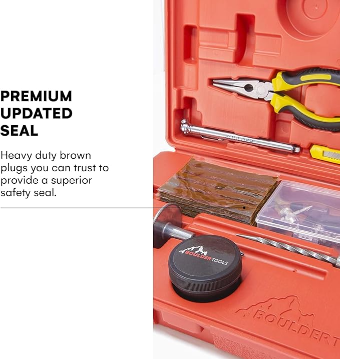 Tire Repair Kit by Boulder Tools - Heavy Duty Plug Kit for Cars, Trucks, Motorcycles, ATVs - Complete Flat Fix Automotive Tools Set with Storage Case, Valve Tool, Pliers, and Repair Plugs