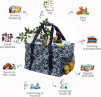 Extra Large Utility Tote Bag - Oversized Collapsible Tote with Wire Frame, Durable Reusable for Beach, Groceries, Laundry, Car Trunk, Storage and Travel - Includes 5x7 Bag with Hook - Blue Snowflake
