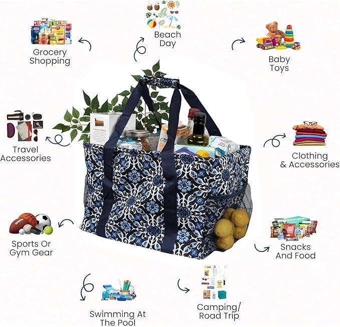 Extra Large Utility Tote Bag - Oversized Collapsible Tote with Wire Frame, Durable Reusable for Beach, Groceries, Laundry, Car Trunk, Storage and Travel - Includes 5x7 Bag with Hook - Blue Snowflake