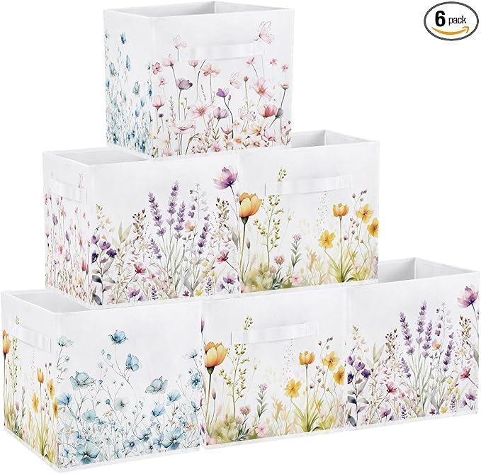 Geelin 6 Pcs WildFlower Cube Storage Bins 11 Inch White Storage Basket with Handle, Preppy Girls Organizer Basket, Collapsibl