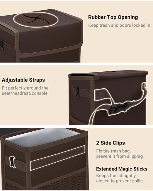 Capolo Car Trash Can with Lid, Leakproof Car Trash Bag Hanging Waterproof Automotive Garbage Can with Storage Pockets Mini Vehicle Trash Bin for Back/Front Seat(Brown,3 Gallon)