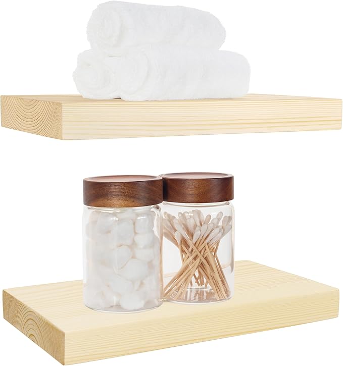 BGMG Wood Floating Shelves 16 inch, Wide Rustic Wooden Wall Shelves for Bathroom Living Room Bedroom Kitchen Farmhouse Set of