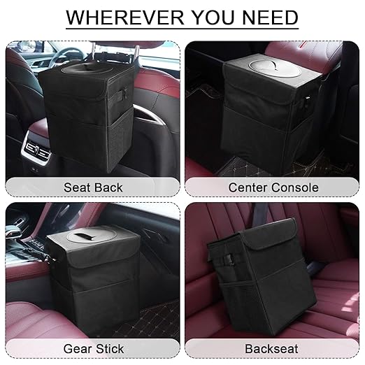 Car Trash Can Bin with Lid - Collapsible Car Garbage Can with Storage Pockets-Black Mini Leakproof Vehicle Trash Bag-Small Automotive Organizers and Storage for Back/Front Seat SUV Truck Accessories