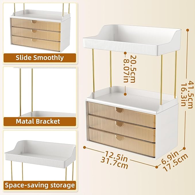 StorBin 3 Large Drawers Makeup Organizer - 5 Tier Bathroom Counter Organizers and Storage, Versatile Perfume Vanity Organizer