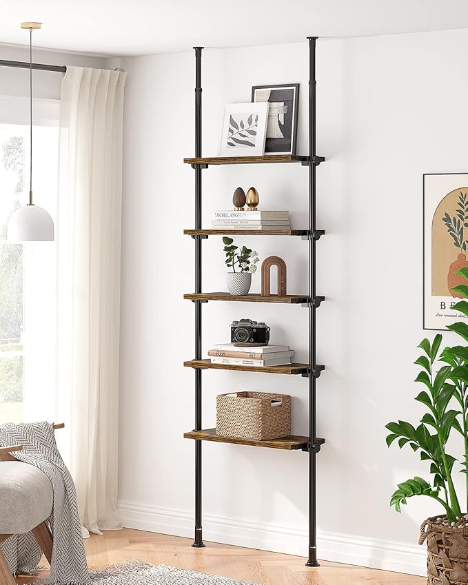 ALLZONE 5 Tiers Narrow Bookshelf, Tall Adjustable Ladder Book Shelf with Open Storage, Floor to Ceiling Tension Mount, Wooden